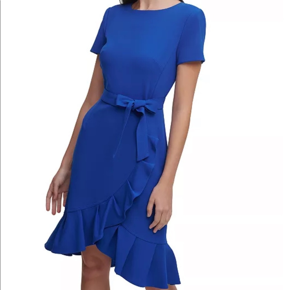 Calvin Klein Ruffled Tulip-Hem Crepe Dress in Royal Blue (Regatta). Size 4.